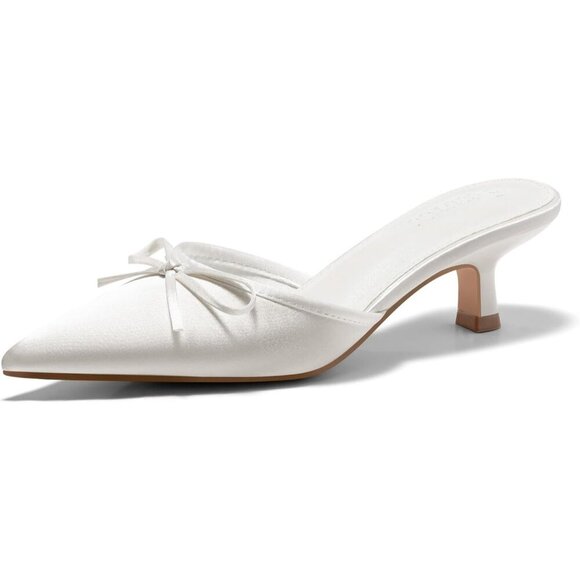 🆕 White Satin Kitten Heel Mules Women’s Bow Slip-On Pumps Wedding Dress Shoes - Picture 1 of 6